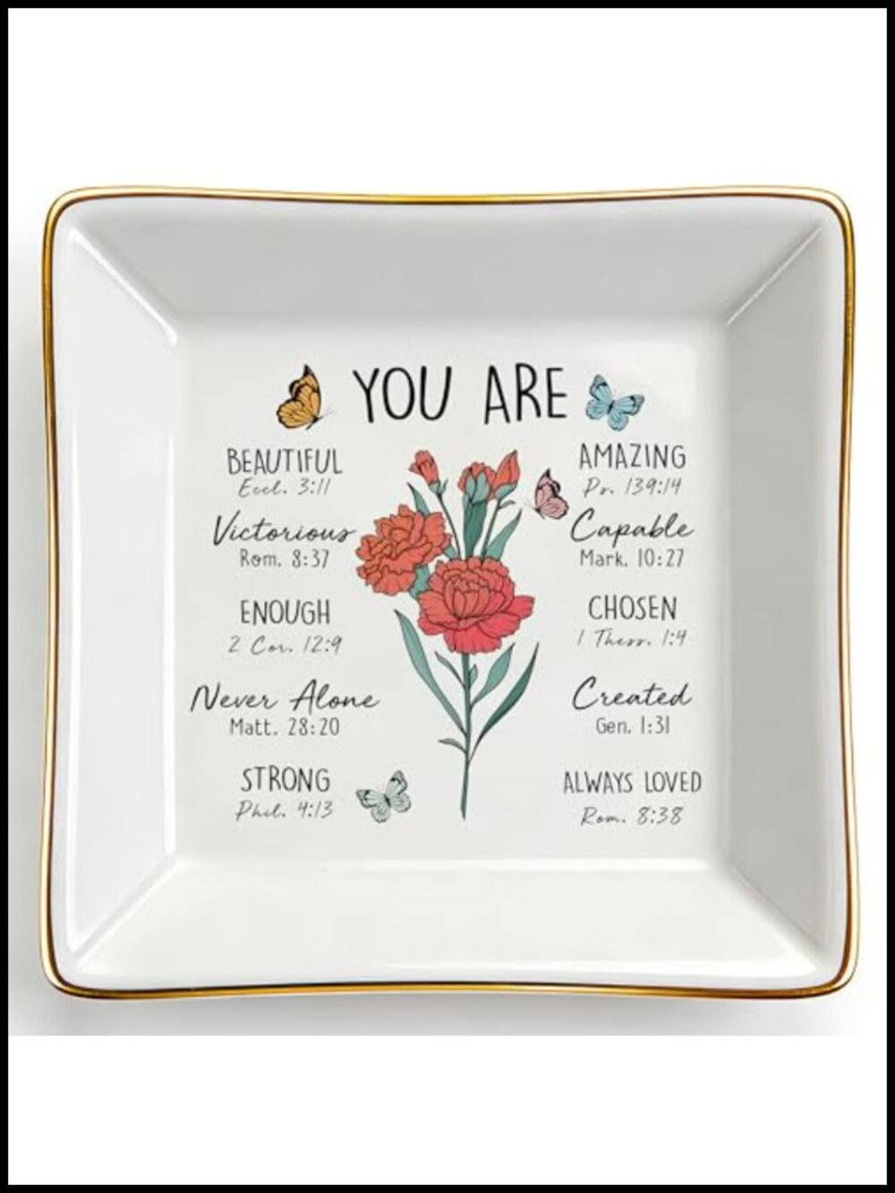 Gold Trim Ceramic Jewelry Dish Trinket Tray Birth Month Flower Christian Gift